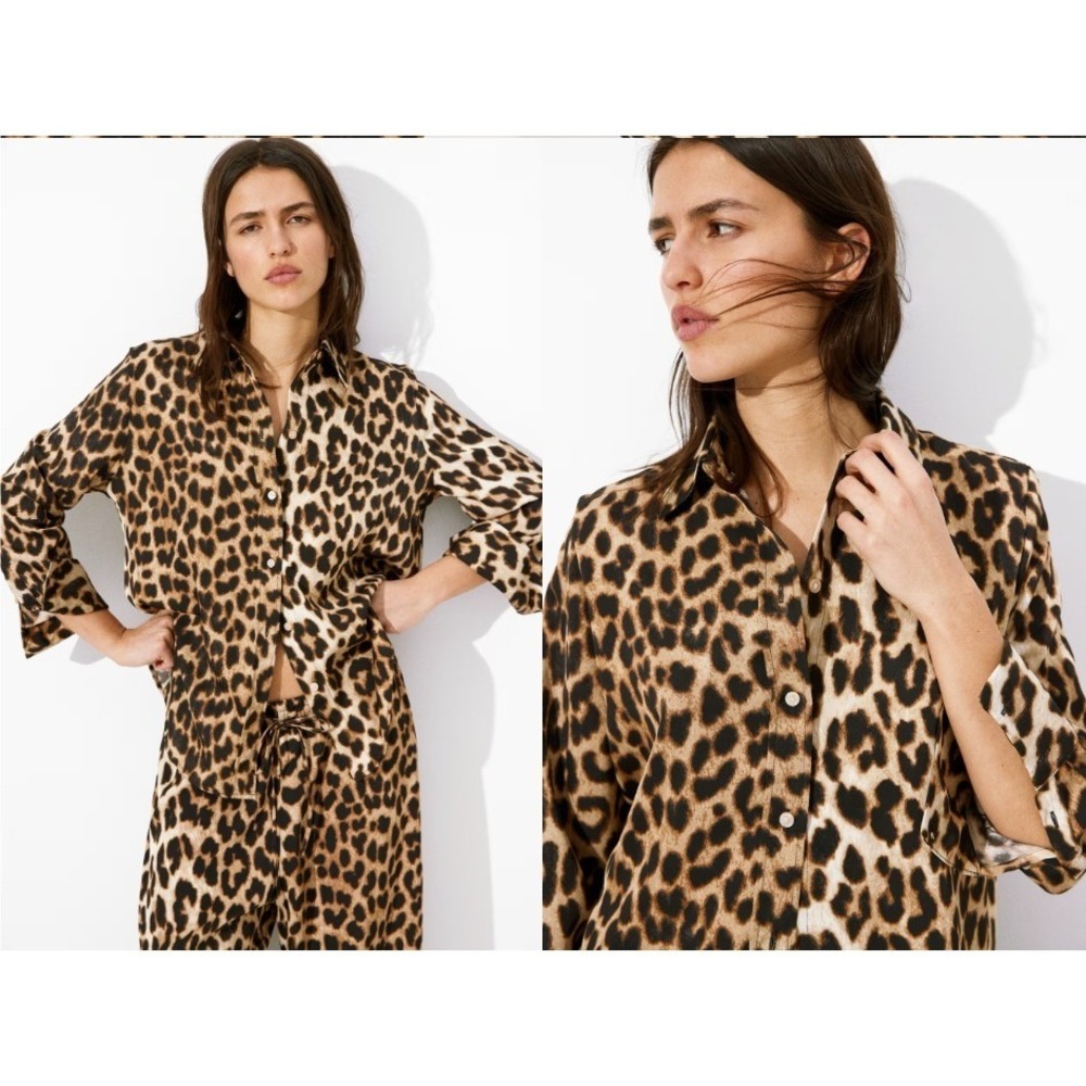 H&M Women's Size Small Leopard Print Twill Long Sleeve Shirt